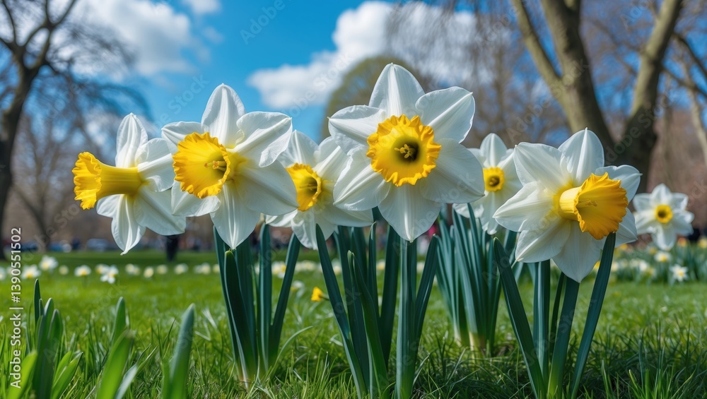 White blossoming daffodils in a park on a bright spring day White blossoming daffodils in a park on a bright spring day