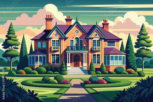 A charming residential house with elaborate architecture sits amidst vibrant gardens and trees, inviting a warm and inviting atmosphere during a sunny day.