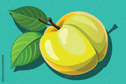 The bright yellow fruit, surrounded by lush green leaves, is positioned on a striking teal background, evoking a fresh and summery feel that highlights nature's bounty.