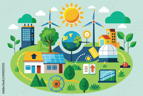 This lively design showcases a vibrant urban landscape highlighting renewable energy solutions, featuring solar panels, wind turbines, and lush greenery, promoting sustainable living.