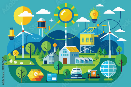 This illustration depicts a lively renewable energy community featuring solar panels, wind turbines, and hydro systems, surrounded by trees and hills, highlighting sustainable living.