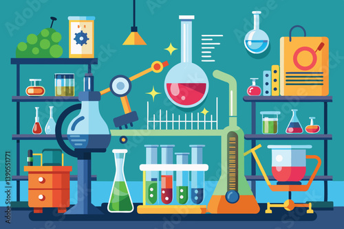 Laboratory space showcasing colorful glass containers, beakers, and scientific instruments arranged neatly on shelves ready for experimental use.