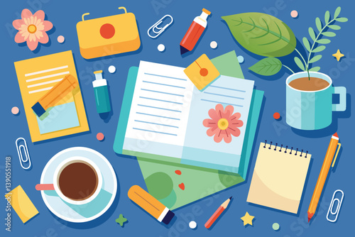 A vibrant workspace showcases an open notebook adorned with a flower drawing, surrounded by stationery, a coffee cup, and a small plant on a blue background.