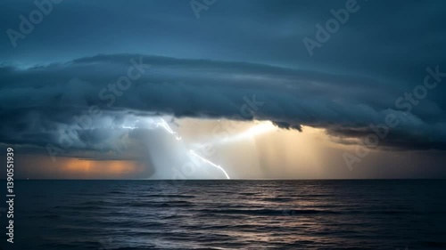 Dramatic Cloud Formation Over Ocean at Sunset with Reflections and Rainfall in the Distance