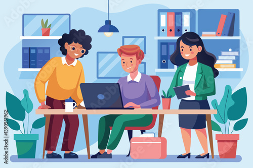 Three colleagues engage in a collaborative discussion at their office, with one person working on a laptop while the others contribute ideas, fostering teamwork.