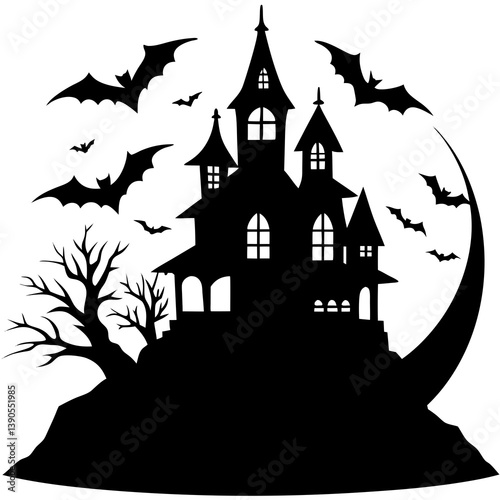 Black silhouette of creepy haunted house for horror-themed Halloween crafts.