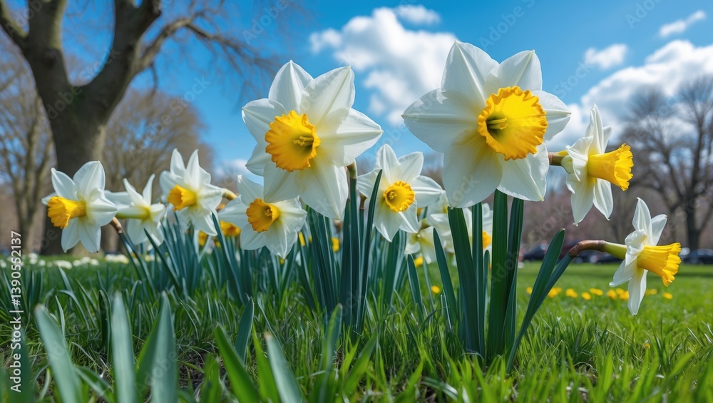 White daffodils blooming in a park on a sunny spring day. White daffodils blooming in a park on a sunny spring day.