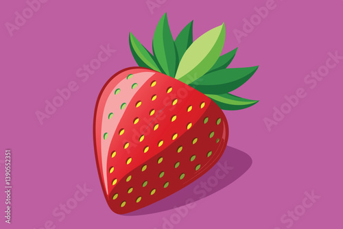 This striking strawberry features a glossy red surface dotted with tiny seeds, complemented by lush green leaves, all set against a smooth purple background.