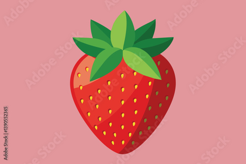 A vivid red strawberry with lush green leaves stands out against a soft pink background, highlighting its juicy texture and distinctive strawberry shape.