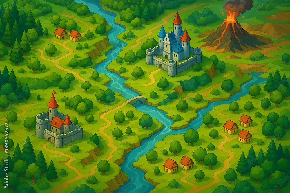 3D Isometric RPG Fantasy World with Forests, Rivers, Castles, Villages, Volcano, and Layered Terrain Elevation 3D Isometric RPG Fantasy World with Forests, Rivers, Castles, Villages, Volcano, and Layered Terrain Elevation