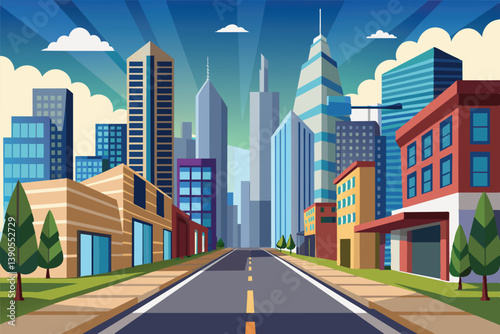 A bustling urban street showcases a mix of modern skyscrapers and colorful buildings, framed by lush trees and a clear blue sky, creating a lively city atmosphere.