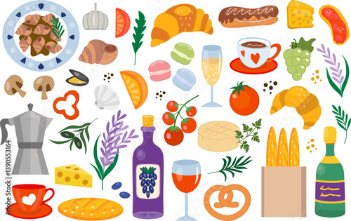 Set of French cuisine. National food of France, traditional french drinks. Icons for menu. Vector illustration 