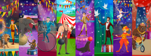Cartoon circus performer characters and animals, clowns and acrobats, vector collage. Circus and funfair carnival performers, tamed lion in fire ring, monkey juggling and illusionist with strongman