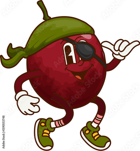 Pirate bandit passion fruit groovy funny character. Pirate bandit ripe exotic fruit retro groovy cute character, corsair sailor fresh tropical maracuya cartoon vector mascot with bandana and eye patch