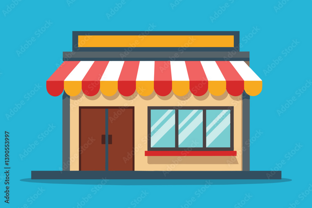 The storefront features a quaint design with red and white awnings, large windows, and double doors, inviting visitors to explore the vibrant retail space. The storefront features a quaint design with red and white awnings, large windows, and double doors, inviting visitors to explore the vibrant retail space.