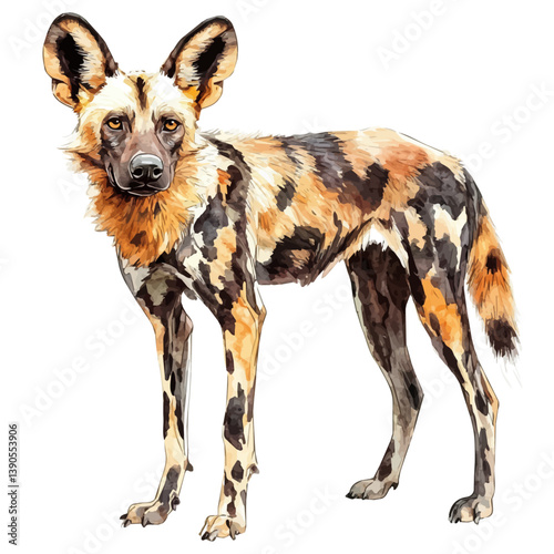 A watercolor painting of African wild dog, isolated on a white background. African wild dog vector

