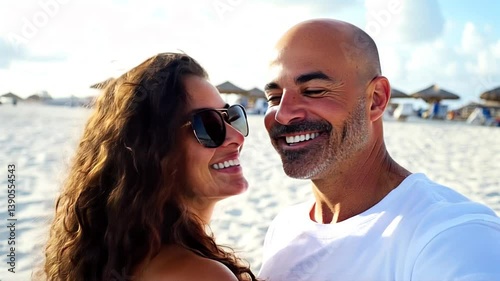 A man and woman are smiling for the camera on a beach. The man is wearing sunglasses and the woman has her hair in a ponytail