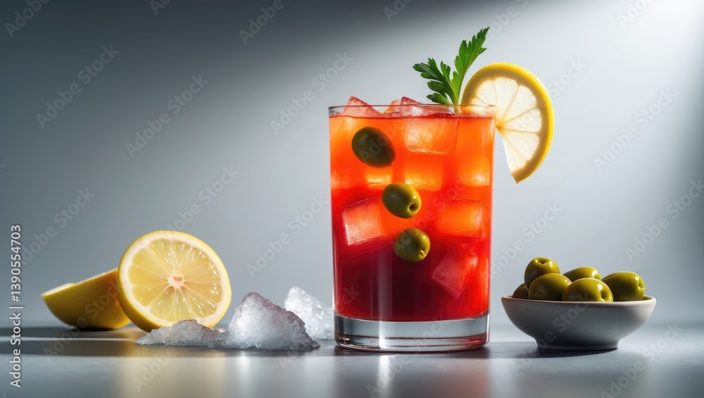 Fototapeta premium Tomato cocktail beverage, a variation containing juice, vodka, lemon, celery, spicy sauce, and ice. Gray background with hard lighting.