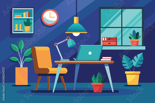 A cozy home office features a wooden desk with a laptop, an adjustable lamp, and potted plants, creating a productive atmosphere enhanced by natural light.