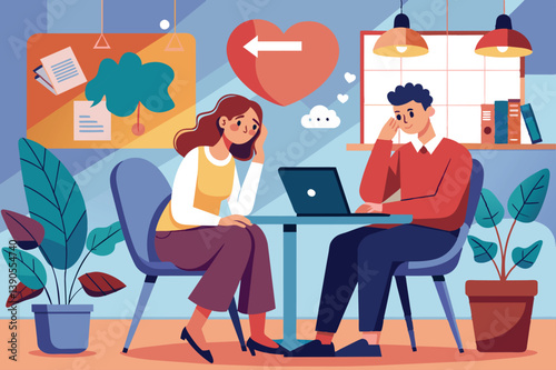 A couple sits across from each other at a table, engaged in a deep conversation. One partner looks concerned while the other listens attentively, both surrounded by plants and dÃ©cor.