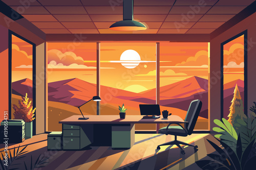 The workspace showcases a sleek desk and ergonomic chair, illuminated by warm sunset light streaming through large windows, highlighting the mountainous backdrop.
