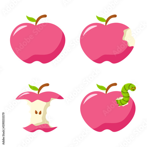 Apple Stages Vector, 4 different apples, full apple, apple with bite marks, eaten apple, and apple with worm sticking out of it