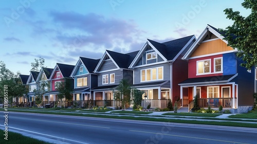 Multicolored suburban townhouses lines a quiet street representing affordable housing solutions.