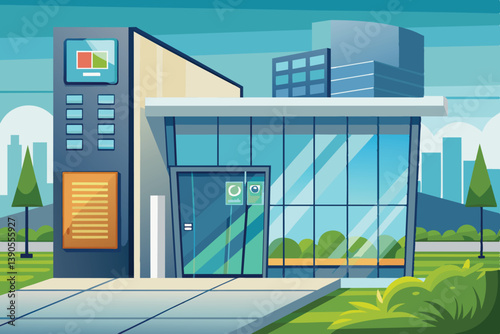 A sleek, modern commercial building features expansive glass windows and a minimalist design, situated amidst lush greenery and a bustling urban backdrop.
