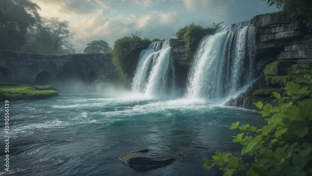 Fototapeta premium Waterfall displaying water cascading over rocks captured with a long exposure.