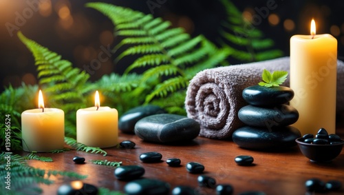 Towel placed on fern alongside candles and black hot stones on a wooden surface. Hot stone massage setup. Massage therapy for an individual. Beauty spa treatment and relaxation concept.