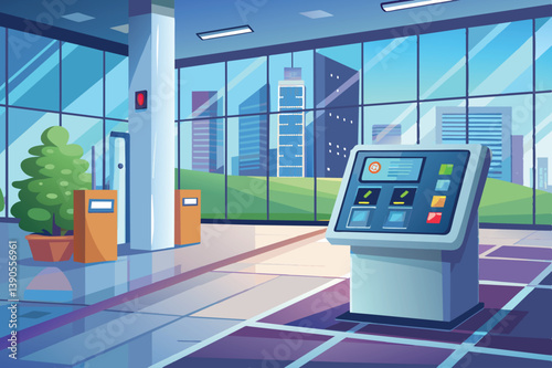 A sleek lobby highlights a digital kiosk surrounded by greenery, with expansive windows revealing a vibrant city skyline in daylight.
