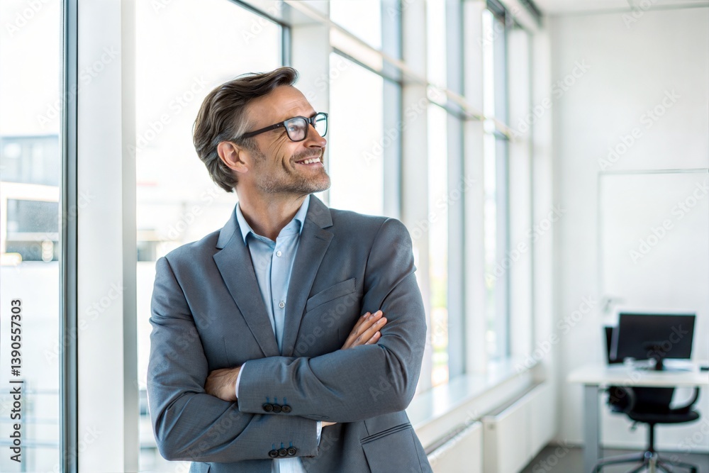 Confident Businessman Posing in Modern Office Space Confident Businessman Posing in Modern Office Space