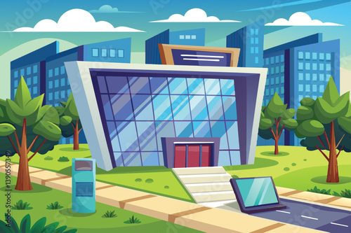 A sleek office building features large glass windows and is set amidst tall buildings and trees on a sunny day. A laptop sits on the pathway, hinting at a tech-savvy environment.