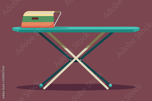 An ironing board stands in a cozy room, featuring a vibrant basket for laundry. The minimalist design enhances the contemporary home atmosphere.