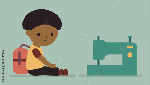 Empty Backpack A child sitting alone with an empty backpack next to a sewing machine symbolizing the absence of school supplies and education.