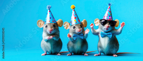 Happy Birthday, carnival, New Year's eve, sylvester or other festive celebration, funny animals card - dancing mouses with party hats and sunglasses, blue background 