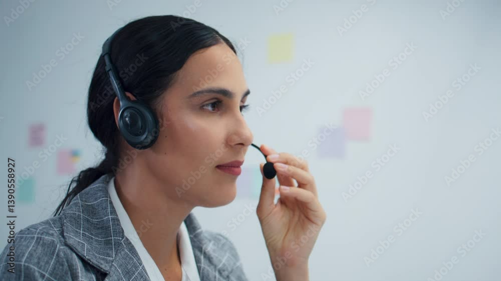 Confident Latin female call center agent with headset talking to client support for customer care in office. Latin woman IT Support agent working on computer for consulting, customer support. Confident Latin female call center agent with headset talking to client support for customer care in office. Latin woman IT Support agent working on computer for consulting, customer support.