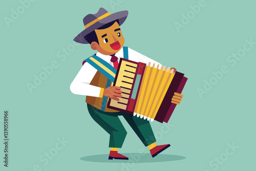A young musician joyfully plays the accordion, wearing traditional clothing and a hat. He is fully engaged in his performance, celebrating cultural heritage.