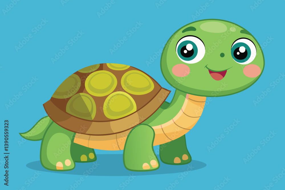 Fototapeta premium A playful cartoon turtle stands on a vivid blue background, displaying a joyful face with large eyes and a cheerful smile, inviting a sense of fun and positivity.