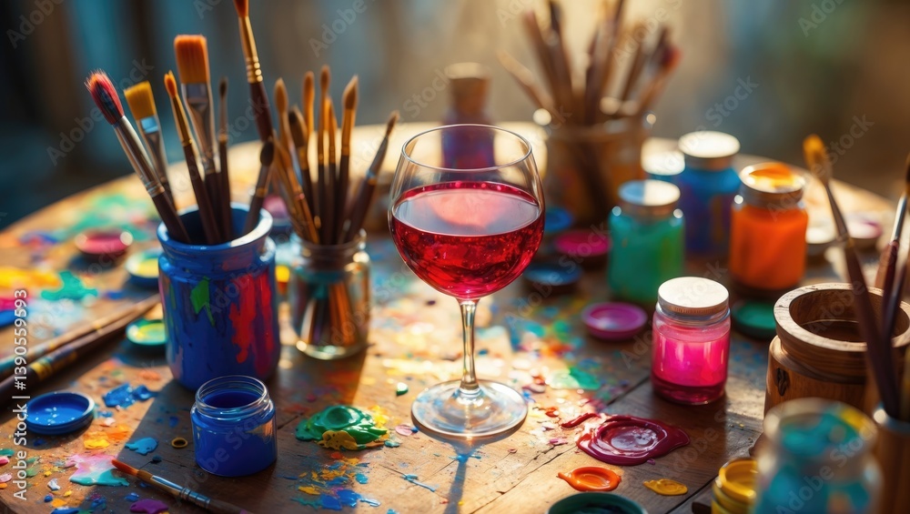 Top view of a table featuring painting tools, brushes, oil, colors, and a glass of red wine. Top view of a table featuring painting tools, brushes, oil, colors, and a glass of red wine.