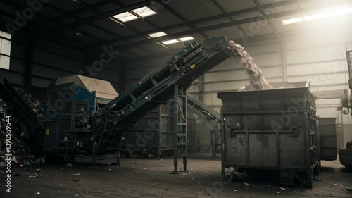 Efficient Waste Recycling Facility with Conveyor System in Industrial Warehouse Environment