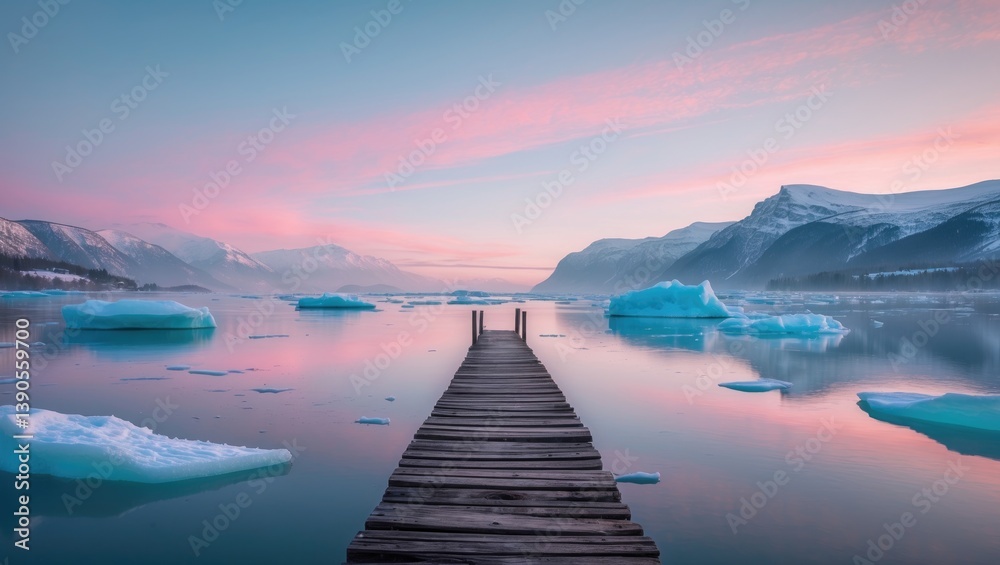 Naklejka premium Tranquil Fjord at Sunrise A Photorealistic Winter Landscape