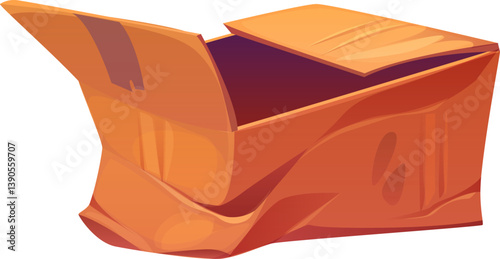 Damaged and ripped parcel cardboard box cartoon. Destroyed crumpled paper container, broken wet isolated vector cargo box. Damaged crushed delivery package cartoon or ripped dirty shipping parcel