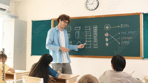 Obraz na płótnie Caucasian teacher talking and explain about math theory at classroom while looking at student. Smart skilled instructor teaching and pointing at blackboard while standing in front of board. Pedagogy. w salonie