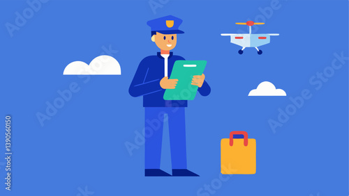 Checklist Preparation A pilot is reviewing a checklist on a clipboard while beside a drone loaded with groceries ensuring everything is ready before flight.