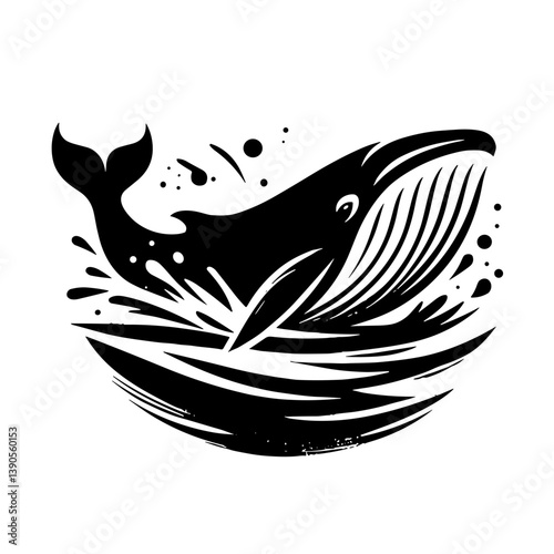 Black whale breaching water in a dynamic illustration  