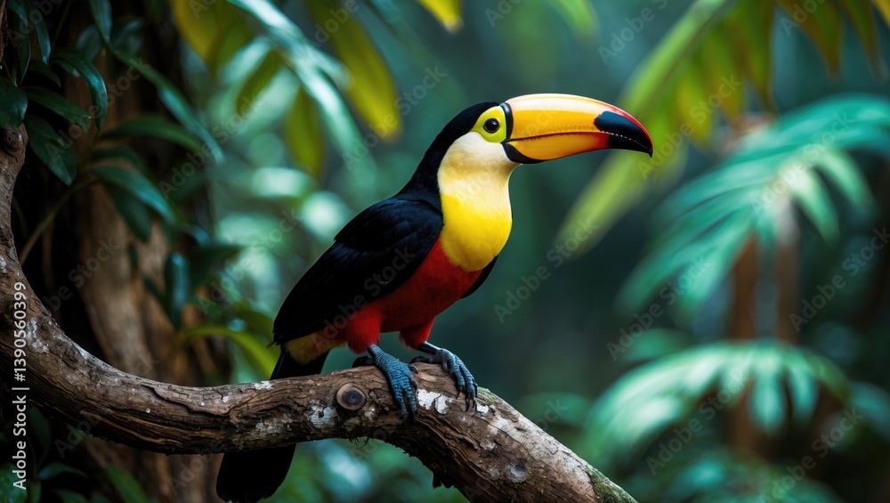 Fototapeta premium Toucan Collared Aracari, a bird with a large bill, perched on a moss-covered branch in the forest. Nature exploration in Central America.
