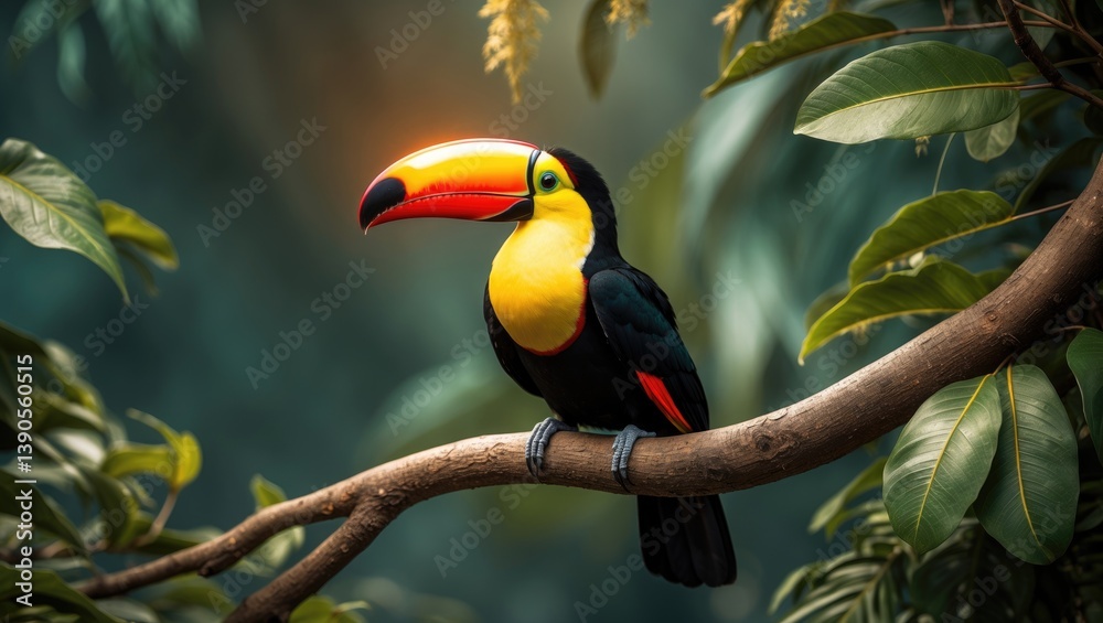 Obraz premium Toucan perched on a branch in the forest, surrounded by green vegetation. Nature travel holiday. Keel-billed Toucan. Wildlife.