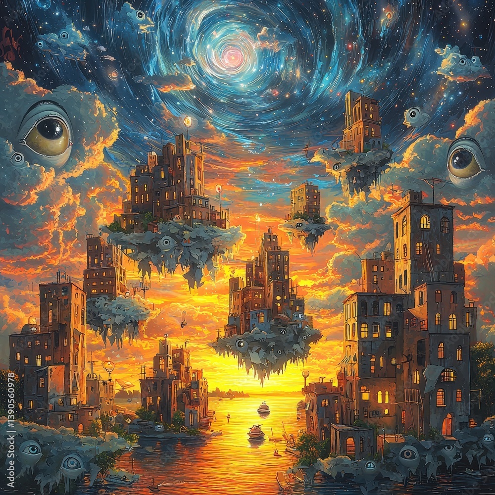 Obraz premium Surreal floating city skyline with cosmic sunset and glowing eyes