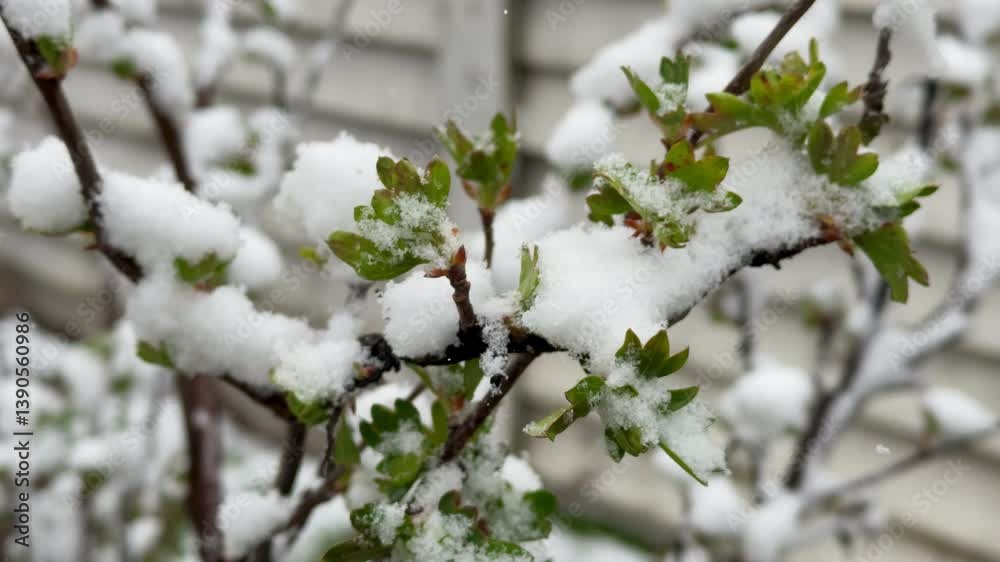 A detailed macro of bushy twigs with fresh spring leaves entirely covered in thick snow, illustrating the dramatic effect of late-season snowfall and extreme weather. A detailed macro of bushy twigs with fresh spring leaves entirely covered in thick snow, illustrating the dramatic effect of late-season snowfall and extreme weather.